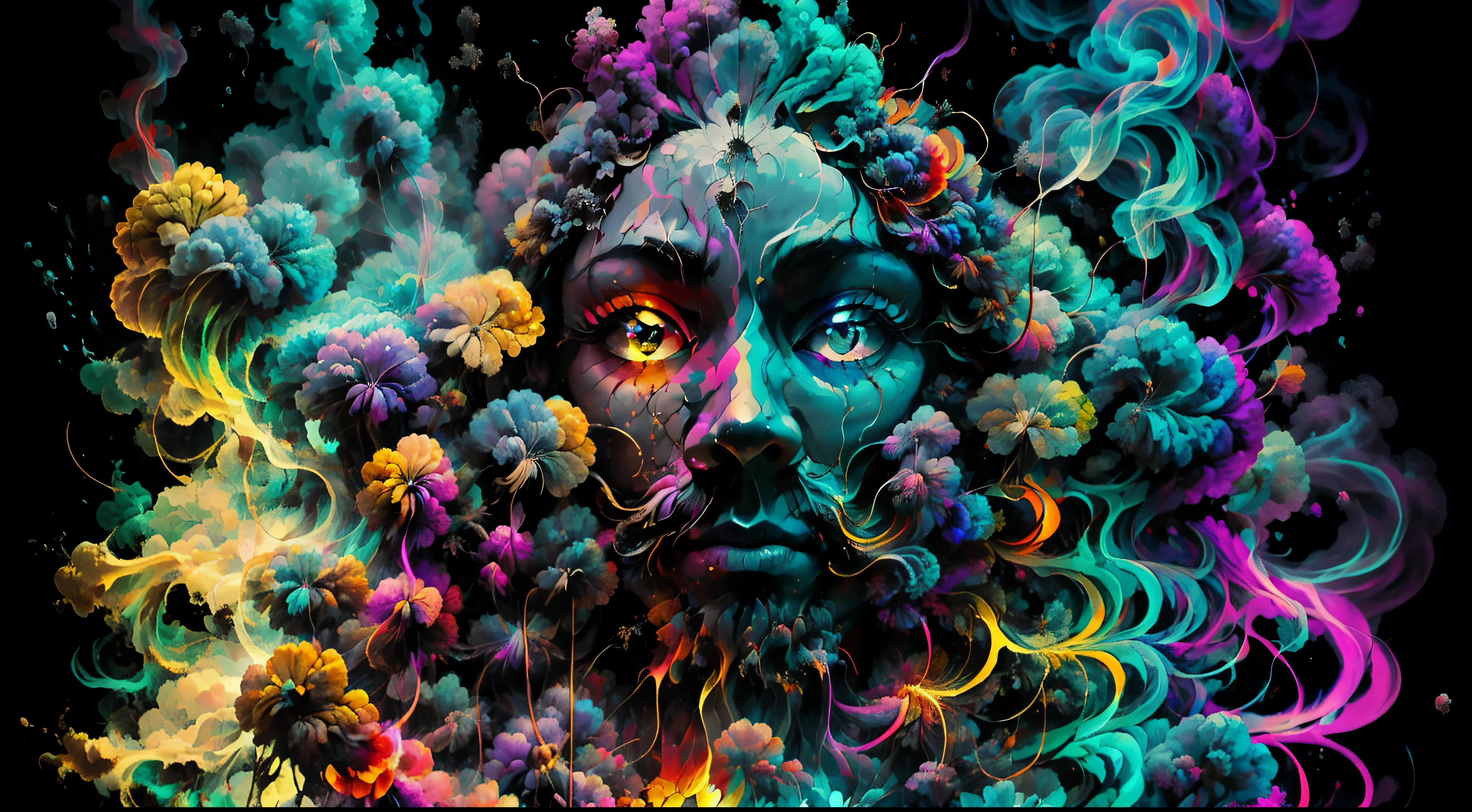 Um close-up de uma colored smoke derrama sobre um fundo preto, colored smoke fluindo, humo colorido, multicolored smoke, colored smoke, bright colored smoke, acid color smoke, colored smoke, humo de arco iris, Background to psychedelic smoke, Colorful smoke in the background, thick, colorful smoke, Radiant smoke color rotation, nuvens de colored smokes, Swirling smoke, Flowing smoke art