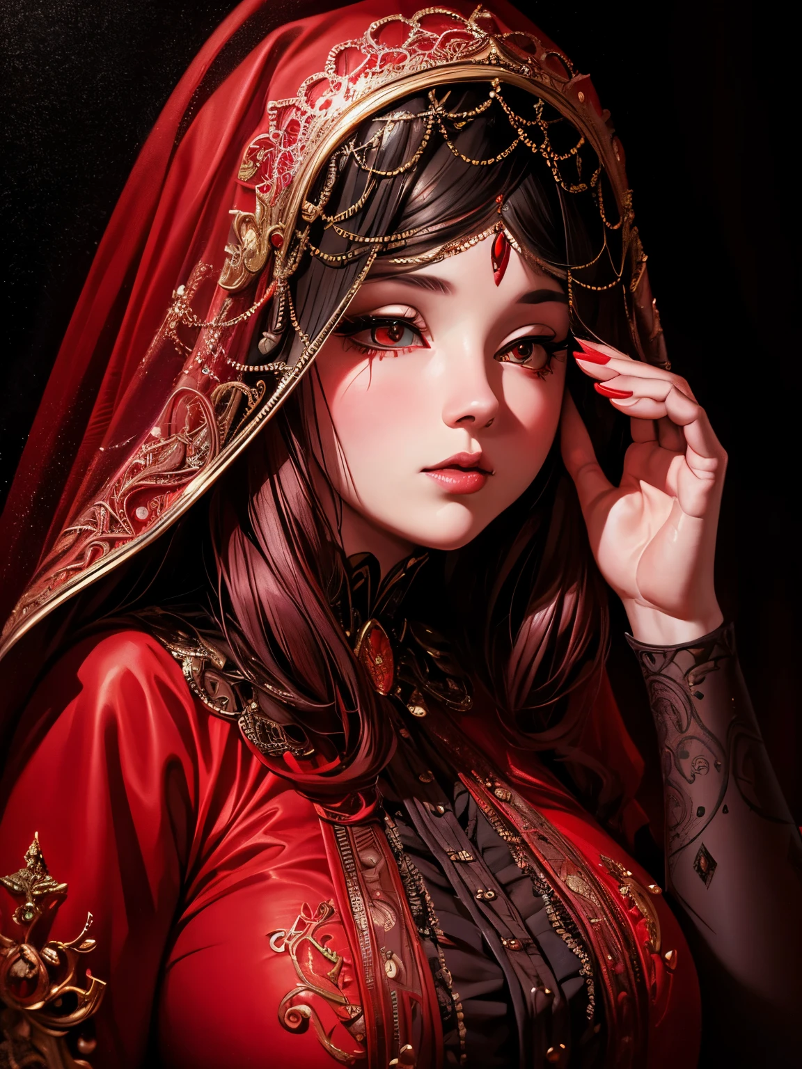 a chubby elegant woman in a red veil covering her eyes, fingers on her lips, long red nails, black background, photo-realistic, high quality, intricate details, oil painting, dramatic lighting, muted colors, mysterious atmosphere
