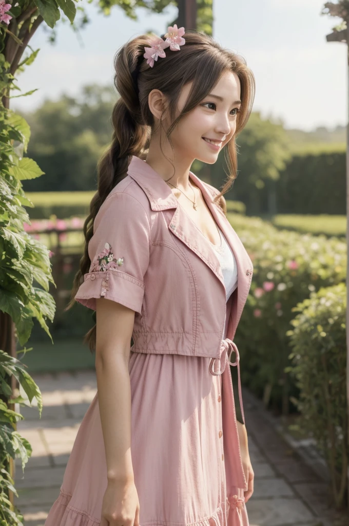 超High resolution, (masterpiece, highest quality), Aerith Gainsborough, (One beautiful girl, alone:1.1), (hair, long hair, brown hair, dutch hair, Single Ponytail, Braidinged ponytail, bow, ribbon, hair bow, ponytail ribbon, big ribbon), (eye, (Big eye:1.2), green eye), jewelry, necklace, (chest, Natural chest,( Big chest:1.2)), Braiding, flower, Side Lock, lips, parted lips, bracelet, (Jacket, Red Jacket, Open Jacket, Short sleeve, cropped Jacket), (dress, Long dress, Pink dress, Vnack), Written boundary depth, white flower, Realistic, nose, (shot, full-body shot, cowboy shot), garden, blossoming garden, Natural Light Portrait, smile, happy smile,(16k, RAW Photos, highest quality, High resolution), High-definition RAW color photos, Professional photos, (Layered silhouette: 1.2), Complex patterns, (Realisticな, Photorealistic: 1.3), (Japanese Girls), Big Breasts、非常に張りのあるchest、are not drooping、chestの谷間が見えている。Too much exposure、(NSFW)、Shine、(Detailed face: 1.2), (masterpiece: 1.5),Fine-grained beautiful skin, (cute: 1.2), (sexy), (highest quality: 1.2), (One girl: 1.3), (solo, soloフォーカス), A completely normal human body type, A depiction of a woman that is faithful to human anatomy, A representation of a healthy, balanced and vibrant woman。Too much breast exposure。
「No deformed or unnatural body parts」No missing limbs。Normal number of heads, limbs。Head, limbs, and thickness are normal for height。The number of heads is one。Body length is anatomically normal。