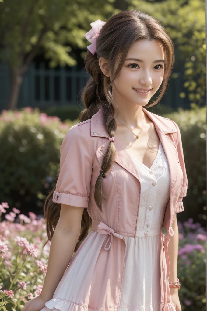 超High resolution, (masterpiece, highest quality), Aerith Gainsborough, (One beautiful girl, alone:1.1), (hair, long hair, brown hair, dutch hair, Single Ponytail, Braidinged ponytail, bow, ribbon, hair bow, ponytail ribbon, big ribbon), (eye, (Big eye:1.2), green eye), jewelry, necklace, (chest, Natural chest,( Big chest:1.2)), Braiding, flower, Side Lock, lips, parted lips, bracelet, (Jacket, Red Jacket, Open Jacket, Short sleeve, cropped Jacket), (dress, Long dress, Pink dress, Vnack), Written boundary depth, white flower, Realistic, nose, (shot, full-body shot, cowboy shot), garden, blossoming garden, Natural Light Portrait, smile, happy smile,(16k, RAW Photos, highest quality, High resolution), High-definition RAW color photos, Professional photos, (Layered silhouette: 1.2), Complex patterns, (Realisticな, Photorealistic: 1.3), (Japanese Girls), Big Breasts、非常に張りのあるchest、are not drooping、chestの谷間が見えている。Too much exposure、（NSFW）、Shine、(Detailed face: 1.2), (masterpiece: 1.5),Fine-grained beautiful skin, (cute: 1.2), (sexy), (highest quality: 1.2), (One girl: 1.3), (solo, soloフォーカス), A completely normal human body type, A depiction of a woman that is faithful to human anatomy, A representation of a healthy, balanced and vibrant woman。Too much breast exposure。


「No deformed or unnatural body parts」No missing limbs。Normal number of heads, limbs。Head, limbs, and thickness are normal for height。The number of heads is one。Body length is anatomically normal。