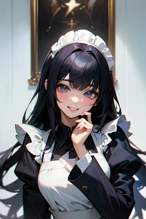 (Highest Resolution, clear_image) highest quality, Single person, One woman, alone, masterpiece, Very detailed, Semi-realistic, Black Hairのショートヘア, Black Hair, bangs, 18-year-old, mature, light blue uniform, uniform, Indoor Background, kind, Authoritative, Powerful, exquisite features, exquisite features、Eyelashes become longer、Showing teeth、smile😀、Maid clothes、woman&#39;Fingers in the、Sleeping on the sofa、Long Hair、Fluttering in the wind、Cleaning、Navy blue clothes、Long Hair、