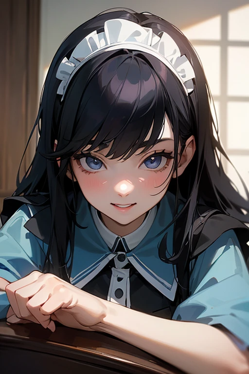 (Highest Resolution, clear_image) highest quality, Single person, One woman, alone, masterpiece, Very detailed, Semi-realistic, Black Hairのショートヘア, Black Hair, bangs, 18-year-old, mature, light blue uniform, uniform, Indoor Background, kind, Authoritative, Powerful, exquisite features, exquisite features、Eyelashes become longer、Showing teeth、smile😀、Maid clothes、woman&#39;Fingers in the、Sleeping on the sofa、Long Hair、Fluttering in the wind、Cleaning、Navy blue clothes、Long Hair、