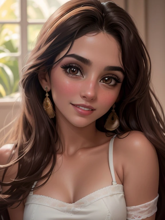 Detailed and realistic portrait of a beautiful 18-year-old girl with, ojos redondos, oscuro, pelo desordenado eliminado, looking to the camera, Labios agrietados, sonrisa suave, soft natural lighting, portrait photography, Magic Photography, dramatic lighting , photographic realism, ultra detallado, Intimate portrait composition, (voltear_Quedar:1.3), (deslizamiento de alfiler:1.3), vista trasera, todo el cuerpo, Es decir, tanga blanca,