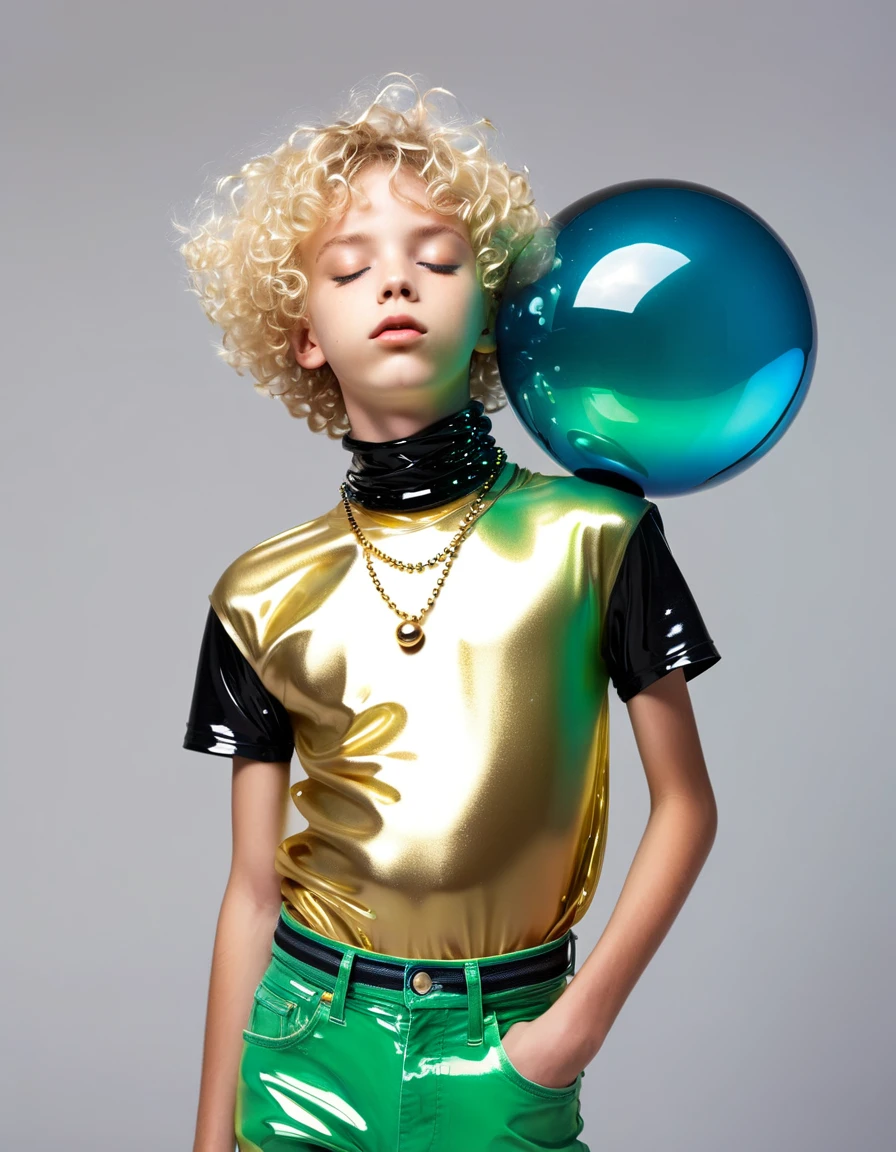 ((Bright blue shiny glass balls with black most inside)) surrounds a boy floating in the air. A boy with eyes closed curly  short blonde hair. Wearing a gold colored armhole T-Shirt and green long Denim baggy jeans. Around his neck is a large gold flat pendant- with small pearls