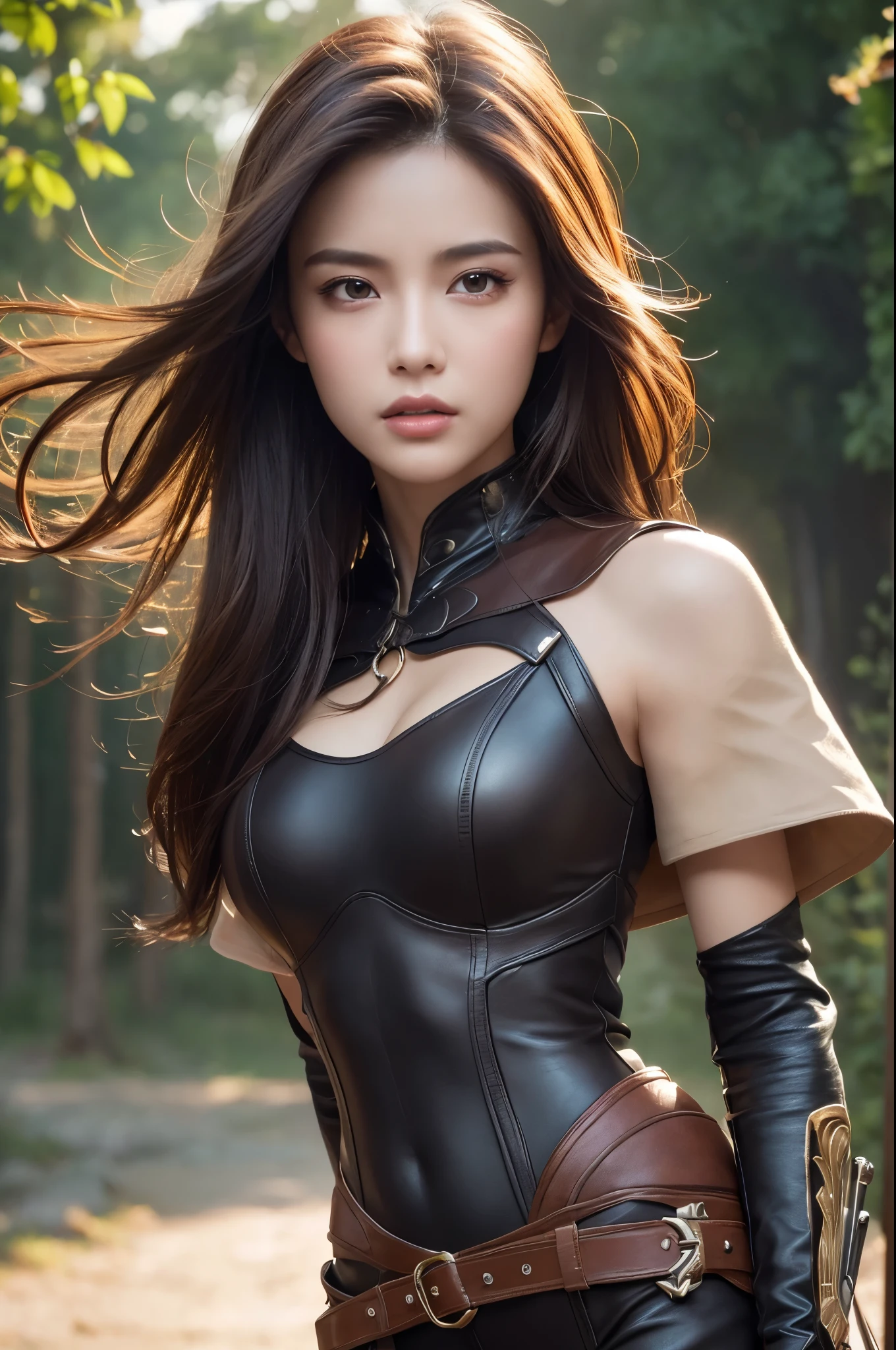 8K,A female swordsman with a sword wound on her face,Super Beauty(Like the real thing),Carrying a large, long sword,Brown leather armor,Brown leather gauntlets,Brown leather leggings,Tattered Cape,walking in a wilderness,Perfect Anatomy,charm,Volume measurement,Body balance,Digital single-lens reflex camera, Soft lighting, Detailed Background, Written boundary depth, Volumetric lighting, Sharp focus, Absurd, Realistic proportions, Excellent anatomy, (Realistic, 超Realistic:1.4), 16K HDR, dawn,A High Resolution,super Realistic 肌,Super beautiful expression,Fantasy art,Character Art,Wind effects:1.9、Cloud Effect:1.2、Full Rendering、Professional quality high resolution、Perfect contrast、Perfect lighting、Perfect composition、Perfect Skin、Perfect Fingers、Perfect breasts、Perfect Hair、Perfect Face、Realistic facial features,super highest quality,Slim figure,Perfect body line,Perfect hand shape,Anatomical body balance,Highly detailed face,Highly detailed eyes,Beautiful Lips,Excellent light particles,Cinema Lighting,Makeup,Ultra-high resolution,Ultra-Realistic Skin,A strong and well-trained body,Brown short hair,