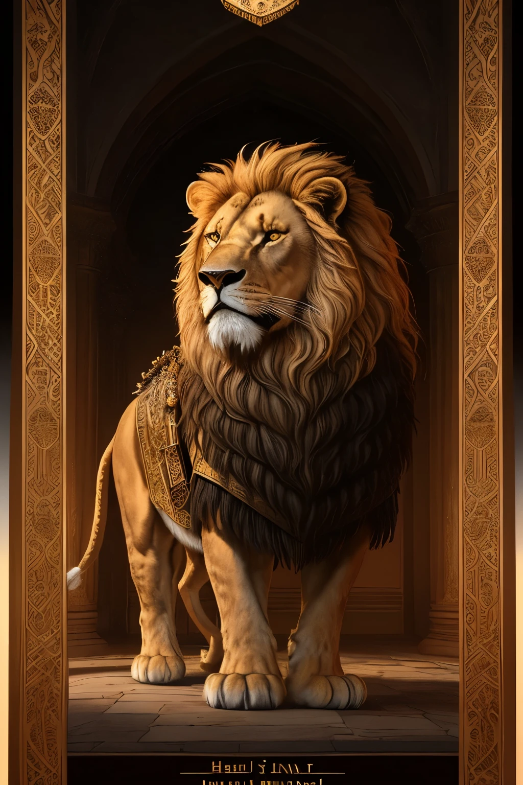 Create a majestic king, adorned with armor of legendary craftsmanship, reminiscent of the house of the mighty lion. His grand sword, a masterpiece of artisanship, is intricately detailed with lions, symbolizing his home and authority. The hilt, a fusion of power and elegance, is crowned with a lion's head, embodying the king's courage and pride. His shield, a demonstration of the power and strength of his lineage, bears the image of a fierce, crowned lion, standing proud and unyielding. The armor's cloak, a rich tapestry of royal heritage, flows behind him like a banner