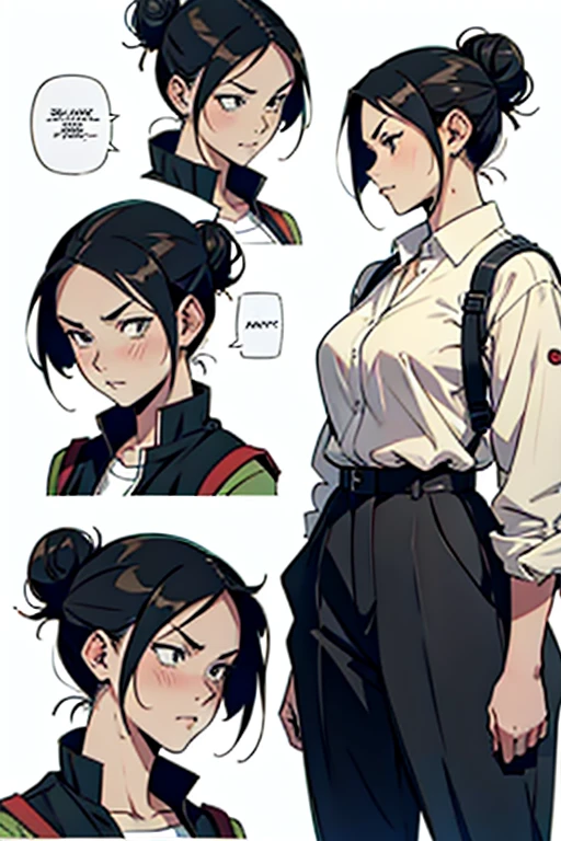 Girl with black hair in a bun disgusted, manga page with panels and dialogue