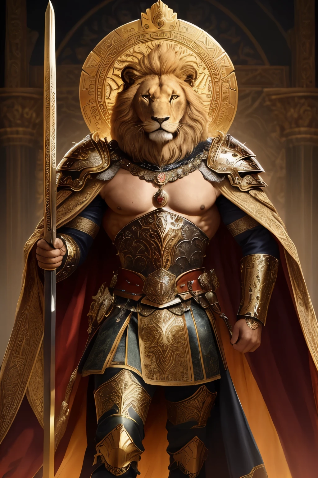 Create a majestic king, adorned with armor of legendary craftsmanship, reminiscent of the house of the mighty lion. His grand sword, a masterpiece of artisanship, is intricately detailed with lions, symbolizing his home and authority. The hilt, a fusion of power and elegance, is crowned with a lion's head, embodying the king's courage and pride. His shield, a demonstration of the power and strength of his lineage, bears the image of a fierce, crowned lion, standing proud and unyielding. The armor's cloak, a rich tapestry of royal heritage, flows behind him like a banner
