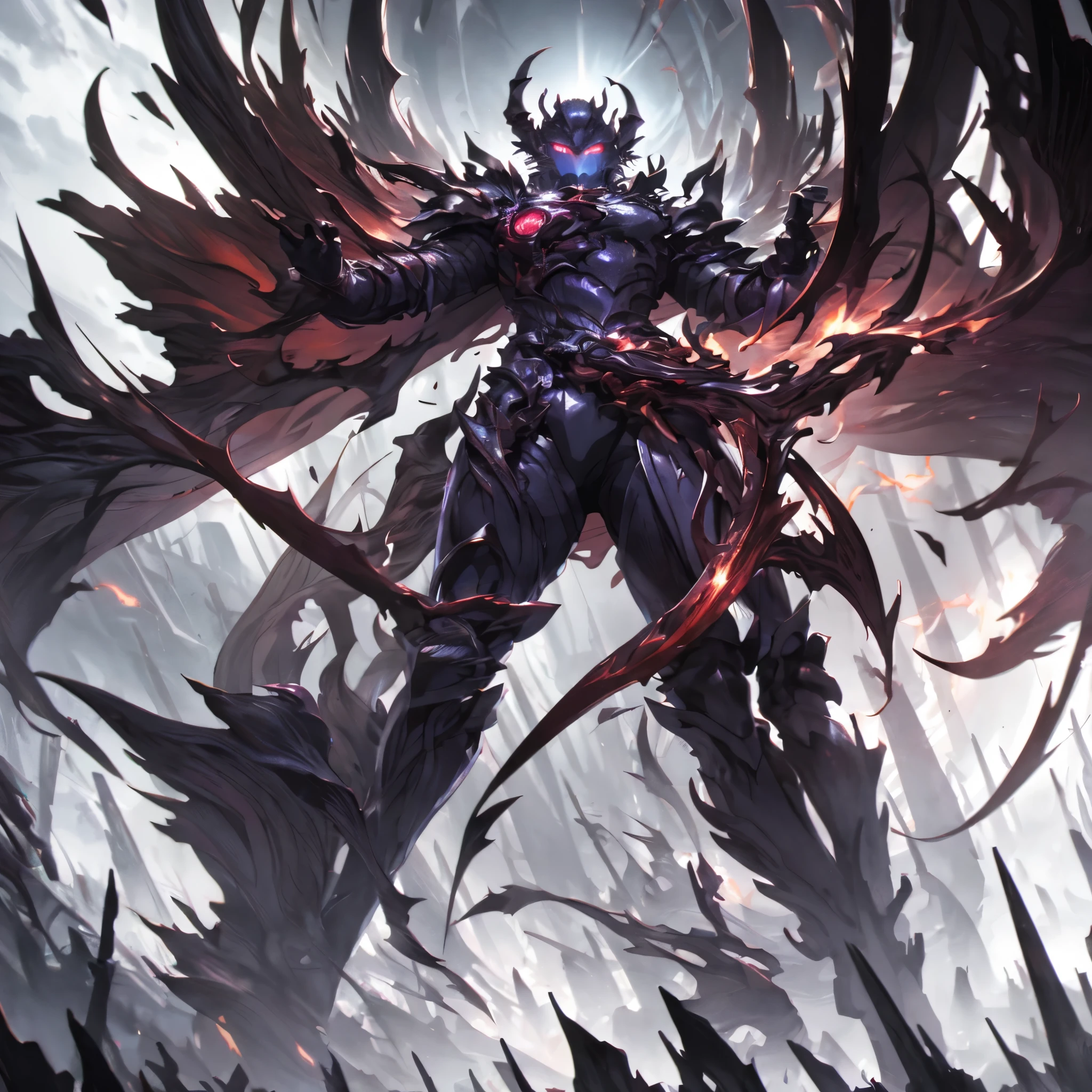 masterpiece, highly detailed CG unified 8K wallpapers, 8k uhd, dslr, high quality, clean, best illumination, a god in a dark armor, dark cape, glowing eyes, cinematic, ultra-high resolution, ultra-high detailed, high-definition, shadowverse style
