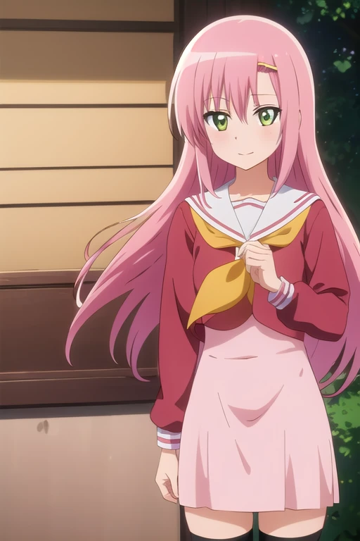 masterpiece, highest quality, 1 girl, Hinagiku Katsura, Pink Hair, Green Eyes, Very long hair, Straight hair, Hair between the eyes, hair ornaments, looking for , Sailor collar, serafuku, Red Shirt, Pink Skirt, Yellow neckerchief, Long sleeve, Black knee socks, Anime screenshots