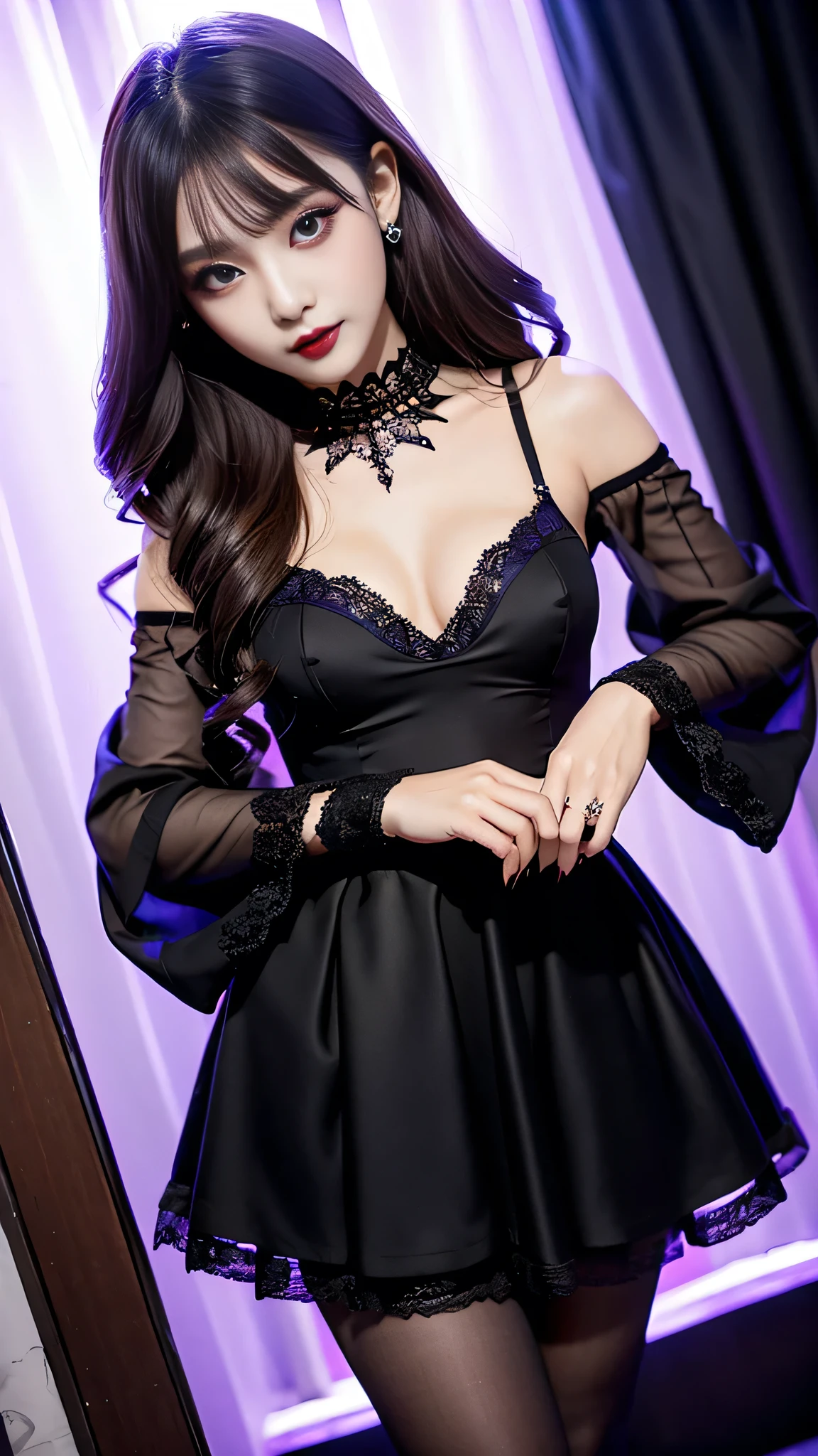 best quality、ultra-detailed、4k、Japanese、Seductive beauty、seductive adult woman、Pretty Woman、cool girl、Villainess、Brainwashed、brainwash、Fallen into evil、smirk、Evil look、Wicked Smile、evil、Brown hair、wavy hair、swept bangs、dark makeup、dark makeup、piercing eyes、hollow eyes,half-closed eyes、Hollow Eyes、purple Eyeshadow、black lipstick、black lipglos、Lace fabric、blue party dress、Wide sleeves、flare skirt、stockings、spiderweb pantyhose、night、inside darkroom、Are standing、shoot from below、Make up、Hold a small makeup brush、Swear allegiance、I have pledged my allegiance、Seduce