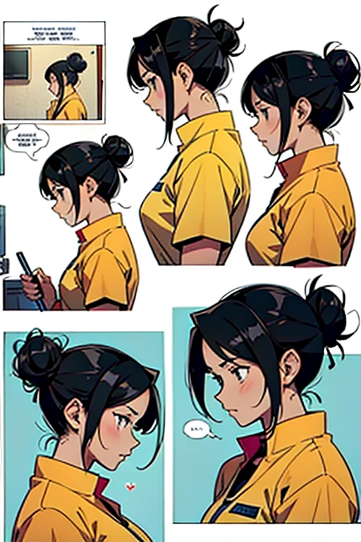 Girl with black hair in a bun cleaning, manga page with panels and dialogue 