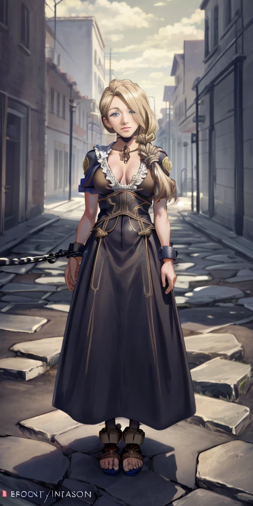 (masterpiece, best quality), intricate details, 1girl, Cammy White from Street Fighter (standing full body toe to head by wooden pole:1.2) iron collar, arms behind back, iron cuffs, shackles, bound, bondage outfit, harness, o-ring, bondage outfit blindfolded cover eyes, happy red cheeks, chain leash collar choker neck bell shackles wristbands bracers bracelets, cleave gag
