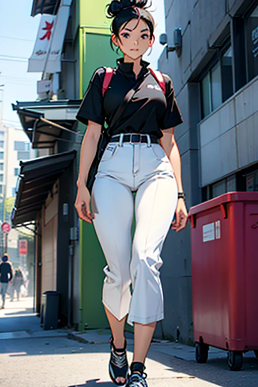 Girl with black hair in a bun walking, full body shots, manga page with panels and dialogue