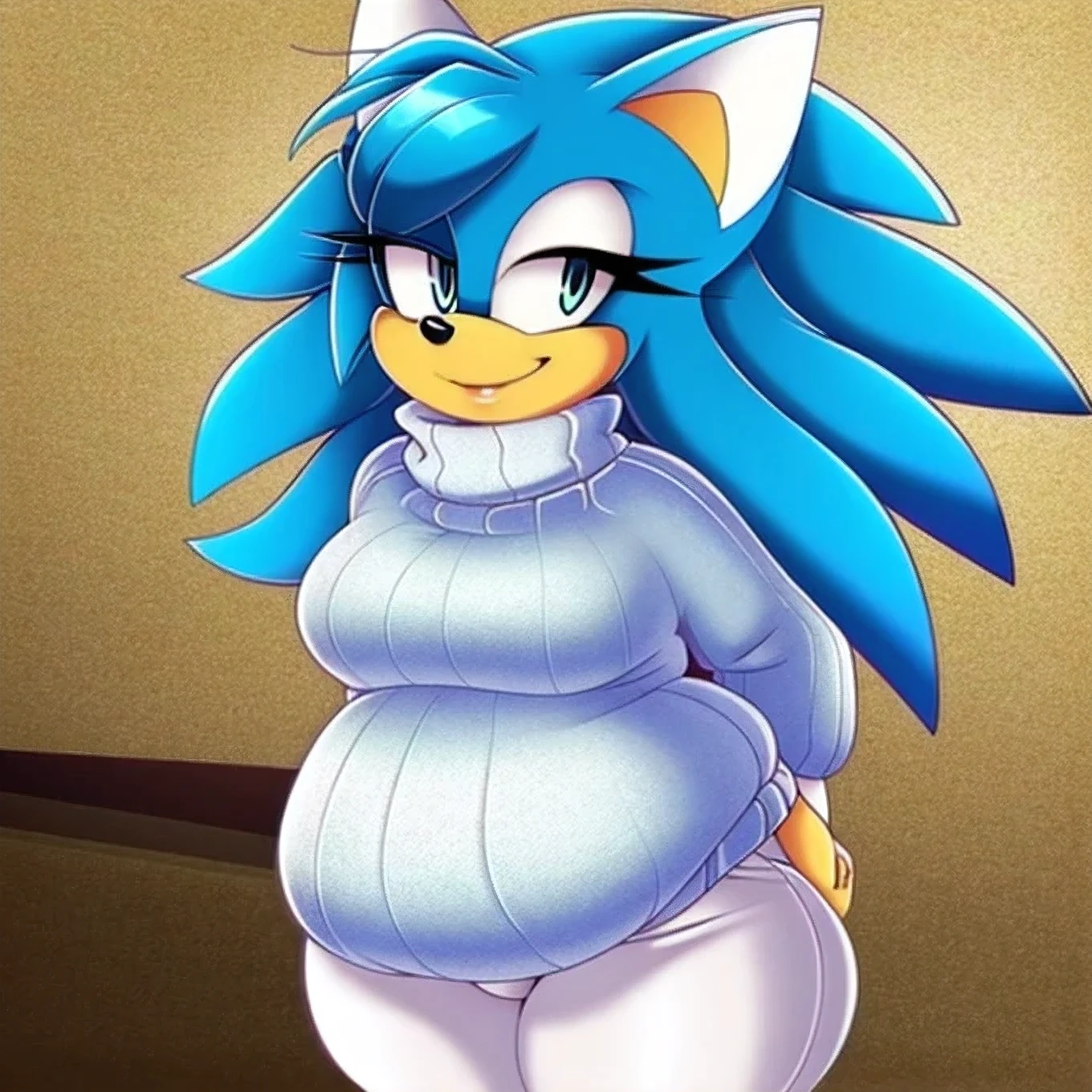 Feminine male, fat, Mobian, Hedgehog, cyan coloured eyes, massive thick thighs, white pants:1.2, (very long white quills as hair, large hair bang over one eye), (((white coloured fur))), ((loose white turtleneck sweater)), innocent smile, looking at viewer, 2D Anime Style, tilting head slightly, great detail