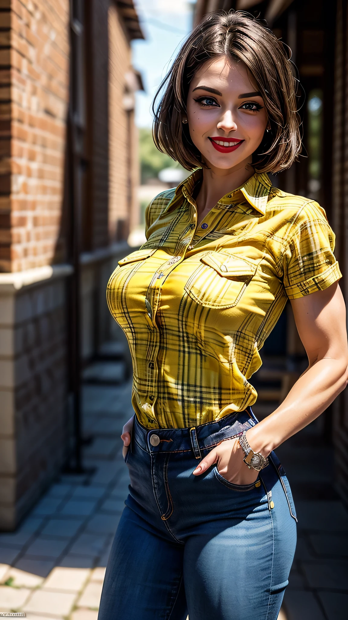 ((best quality: 1.5, masterpiece, intricate:1.3, elegant:1.3)), intricate details, sharp focus, professional, real life, realistic representation of the face, dynamic pose, in the style of realistic and hyper detailed renderings BREAK ((detailed (bodybuilder muscle babe, (suntan, [flat chest:medium breasts:0.8], ((yellow flannel shirt, black jeans), short bob hair [bright red hair:dark hair:0.3]), smiling, happy, tattoo:0.8, faraway farmhouse, bokeh, blackout eye makeup: 0.4, iceblue eyes), red lipstick, outdoors), professional lighting, photon mapping, radiosity, physically based rendering, ultra resolution, hyper-realistic)), photorealistic, hyper-realistic, 8K
