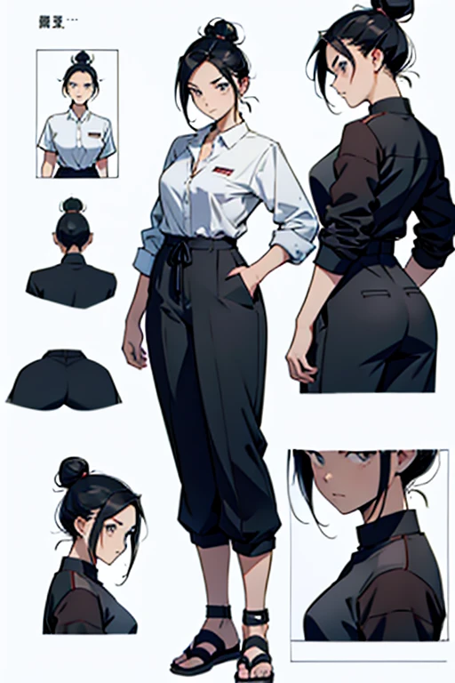 Girl with black hair in a bun, full body positions, manga page with panels and dialogue