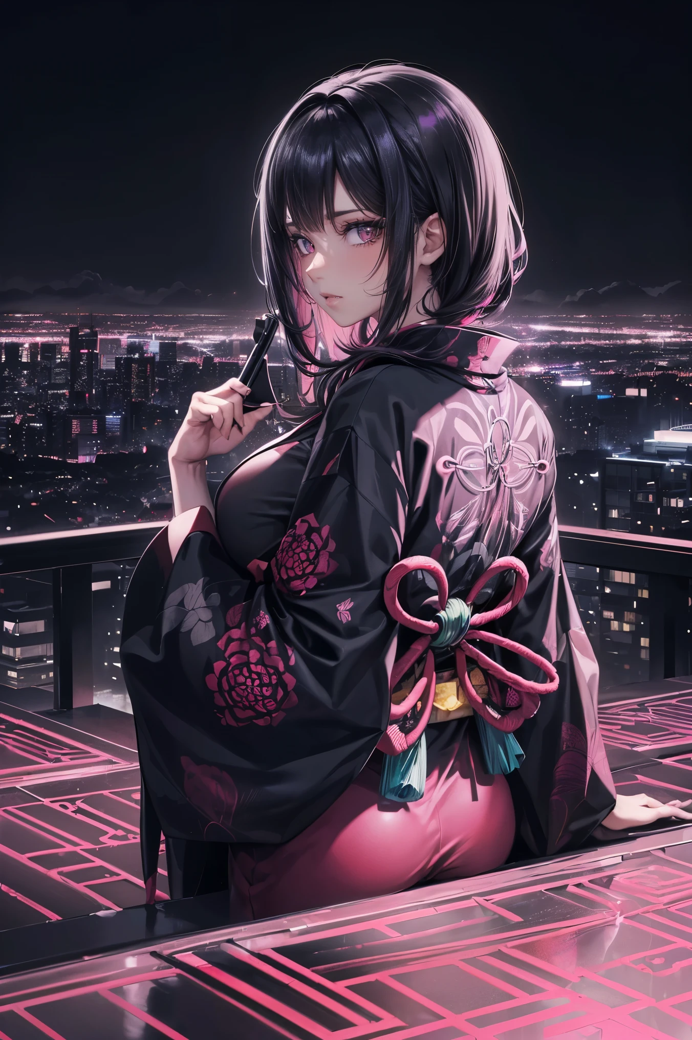anime, (obra de arte, melhor qualidade, ultra-detalhado, alto contraste), 1 mulher gordinha (Sozinho, corpo todo, corpo plus size, standing on the edge of the skyscraper, cabelo prateado, CABELO LONGO E FLUXO, olhos vermelhos brilhantes de rubi, (Kimono preto, black cybernetics with neon pink), meias pretas transparentes), (skyscraper roof, com vista para uma cidade, fundo detalhado ((Night time, darkness, low light pollution)))