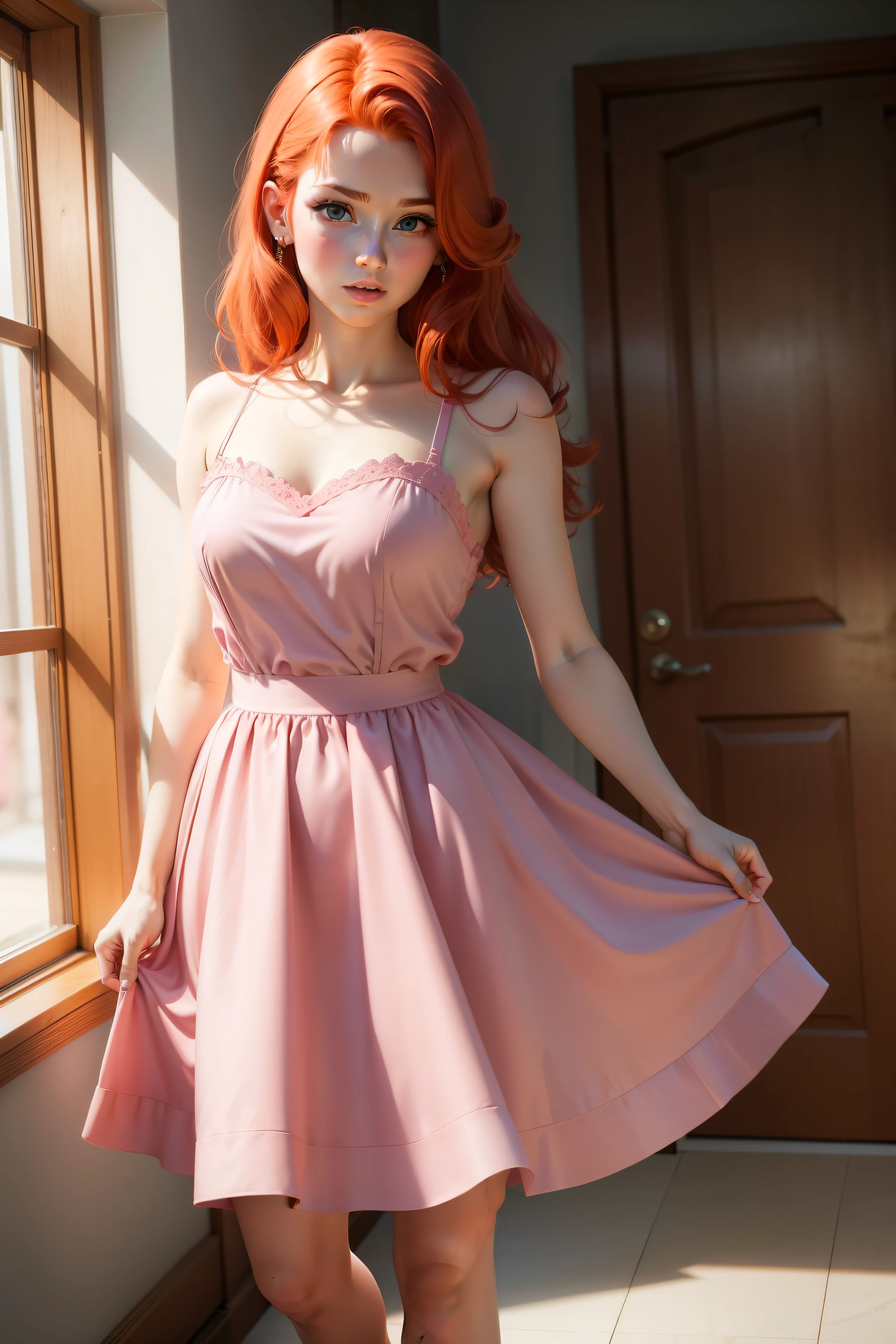 redhead in goregous pink dress