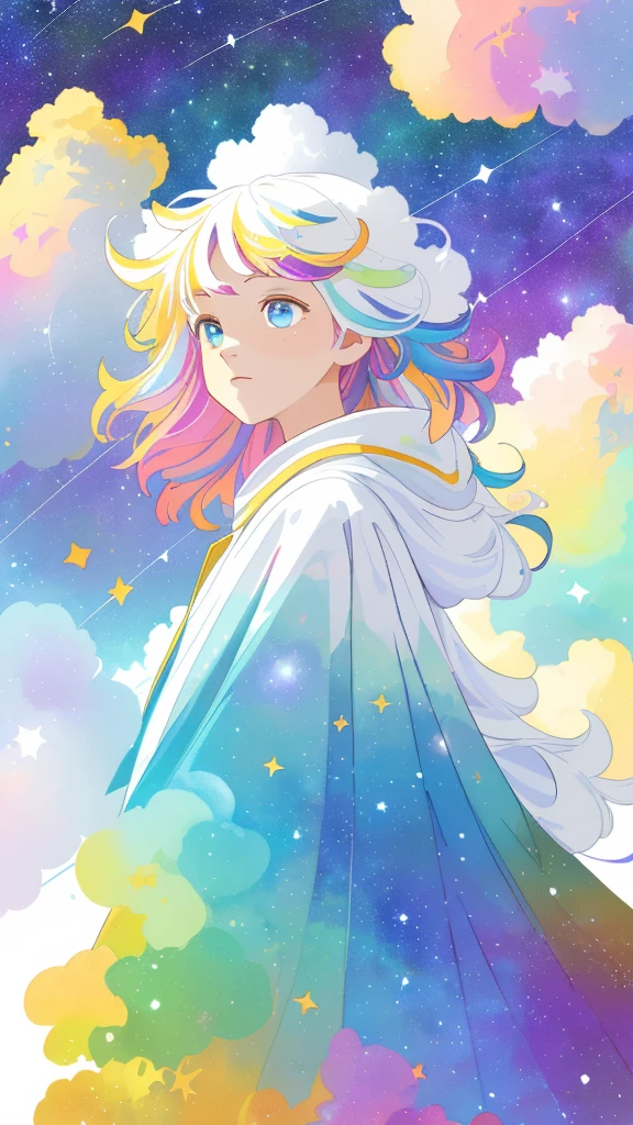 ((masterpiece)), (((best quality))), ((ultra-detailed)), ((illustration)),[realism light effect],shadow,(Fantasy style),(white background:1.6), simple background, (earth theme),(a cloak)[(hair focus,((1girl)),[(big slime hair): (cloud hair):0.3], (hair on background),(high saturation),(hair surrounded by galaxy splashes),)):((her hair is becoming galaxy clouds,:1.27628), (hair and clothes is galaxy clouds and cluster of stars:1.1025),(a cloak is becoming galaxy clouds)(colorful_galaxy_print_clusters_of_stars_print:1.35),((detailed starry sky with colorful galaxy and galaxy clouds):1.2)):0.35], (((masterpiece))),(((best quality))),((ultra-detailed)),(illustration),(dynamic angle),((floating)),(paint),((disheveled hair)),((beautiful detailed face)),collar,bare shoulders, ((colorful hair)),((streaked hair)),beautiful detailed eyes,(Gradient color eyes),(((colorful eyes))),(((colorful background))),(((high saturation))),(((surrounded by colorful splashes))),(((surrounded by colorful dot))),colorful bubble,((shining)),