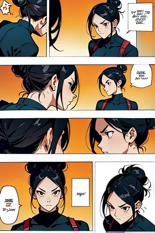 Girl with black hair in a bun fighting, manga page with panels and dialogue 
