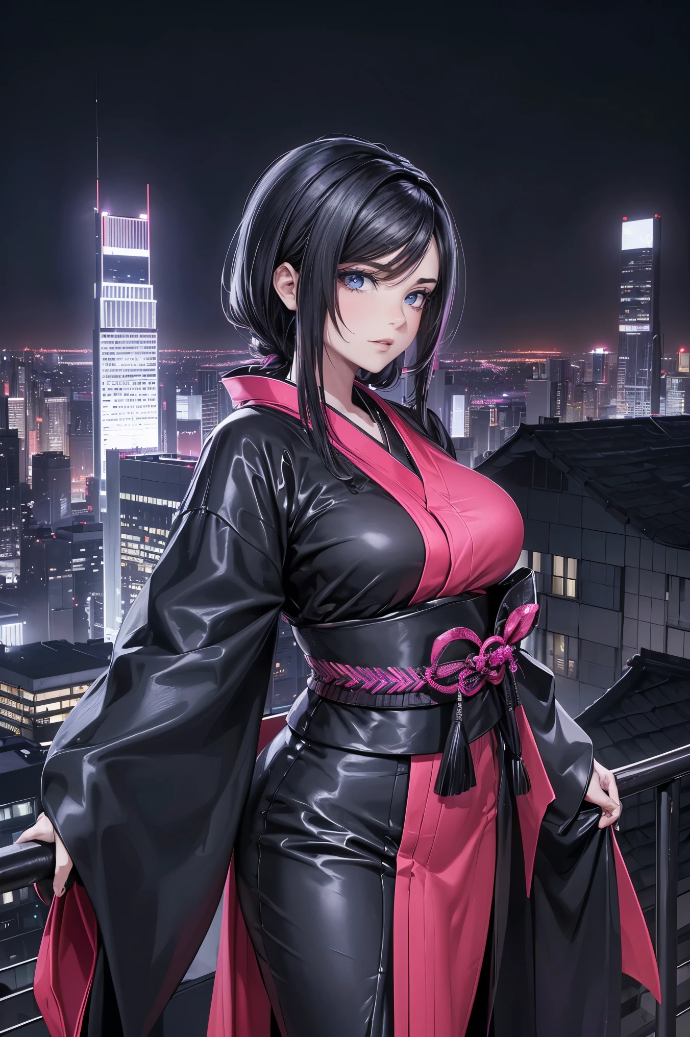 anime, (obra de arte, melhor qualidade, ultra-detalhado, alto contraste), 1 mulher gordinha (Sozinho, corpo todo, corpo plus size, standing on the edge of the skyscraper, cabelo prateado, CABELO LONGO E FLUXO, olhos vermelhos brilhantes de rubi, (Kimono preto, black cybernetics with neon pink), meias pretas transparentes), (skyscraper roof, com vista para uma cidade, fundo detalhado ((Night time, darkness, low light pollution)))