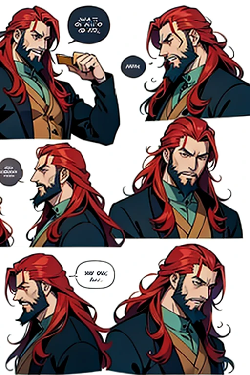 Anime guy with long red hair and beard, manga page with panels and dialogue