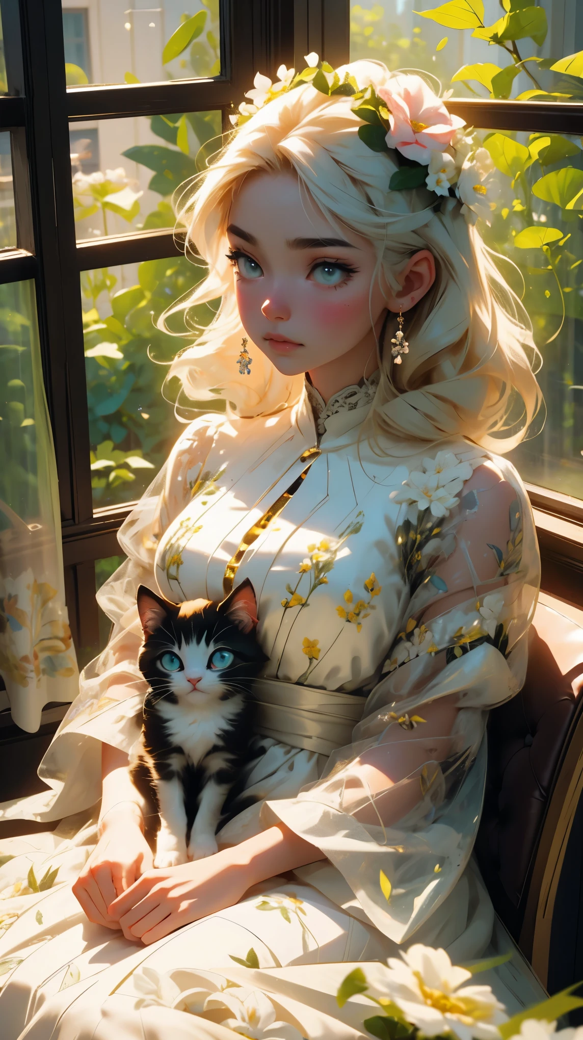 a beautiful young woman with flowers in her hair, painting a flower picture by a window, with a cute fluffy kitten beside her, Miyazaki anime style, detailed facial features, delicate skin, intricate hair, elegant dress, warm lighting, lush greenery outside the window, photorealistic, 8k, high resolution, cinematic, masterpiece