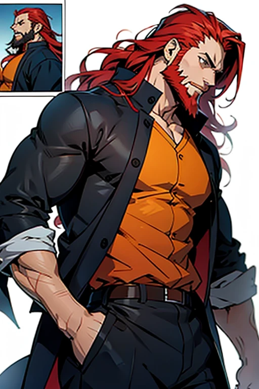 Anime guy with long red hair and beard walking, manga page with panels and dialogue