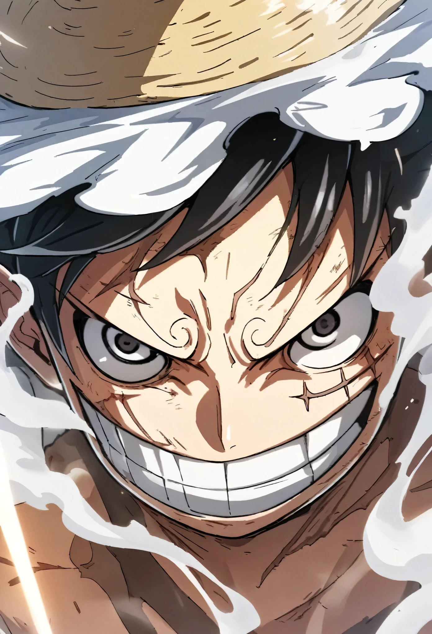 Close-up of a Luffy looking at the viewer, determined and determined face, (expelling white smoke from his mouth), shiny black eyes, straw hat on his head, short black hair covering his forehead, (mouth open from effort), old scar on cheek, red and shiny skin, phase 2, slight smoke coming out of his skin,