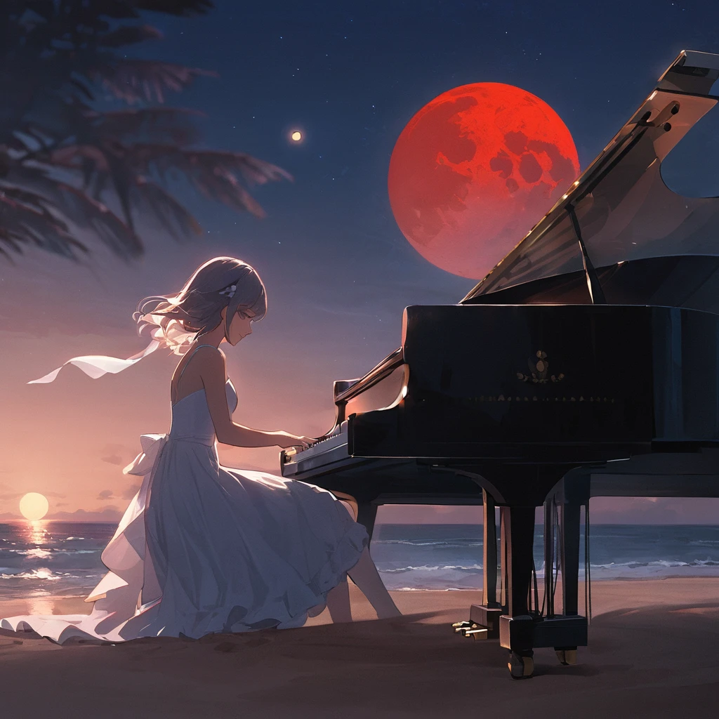 Woman playing piano on the beach at night、moonlight、Red Moon、Crescent Moon、Wave、dress、