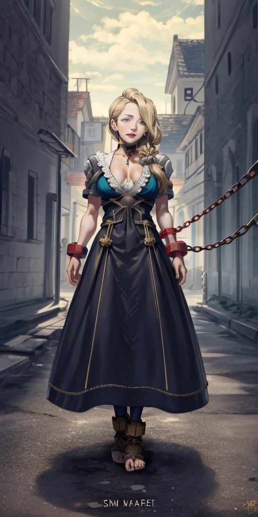 (masterpiece, best quality), intricate details, 1girl, Cammy White from Street Fighter (standing full body toe to head by wooden pole:1.2) iron collar, arms behind back, iron cuffs, shackles, bound, bondage outfit, harness, o-ring, bondage outfit blindfolded cover eyes, happy red cheeks, chain leash collar choker neck bell shackles wristbands bracers bracelets, cleave gag