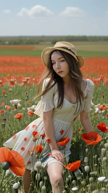 Traveler intoxicated by poppy field. In every poppy flower there is an image of a woman