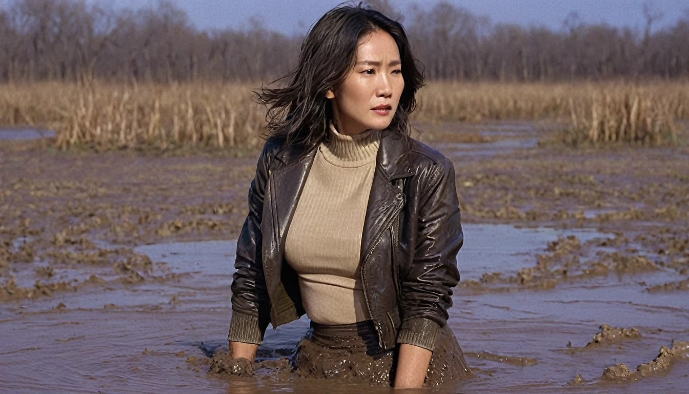 8k, ultra-detailed, grainy film photo, masterpiece, physical-based rendering, ultra-detailed, side view:1.0, vivid, muffled colors, muted light:1.2, intensive sexual movements:1.4, pencil skirt, faded leather jacket, turtleneck sweater, natural texture, mature depraved woman drowning in mud swamp, long messy brunette hair, asian, beige, brown,