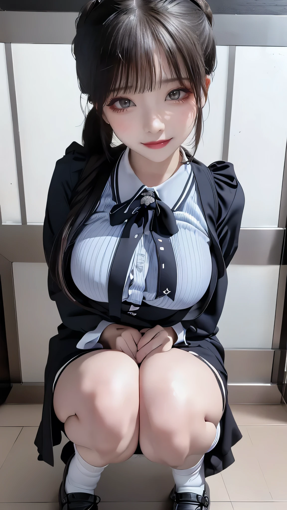 squatting,(breast squeeze),(random cute uniform),(random hairstyle),(Thin type:1.5),(large breasts),(Highest image quality,(8K), Ultra-realistic, Best Quality, High quality, High Definition, high quality texture, high detailing, Beautiful detailed, fine detailed, extremely details CG, Detailed texture, realistic representation of face, masterpiece, presence),(glasses:1.2)