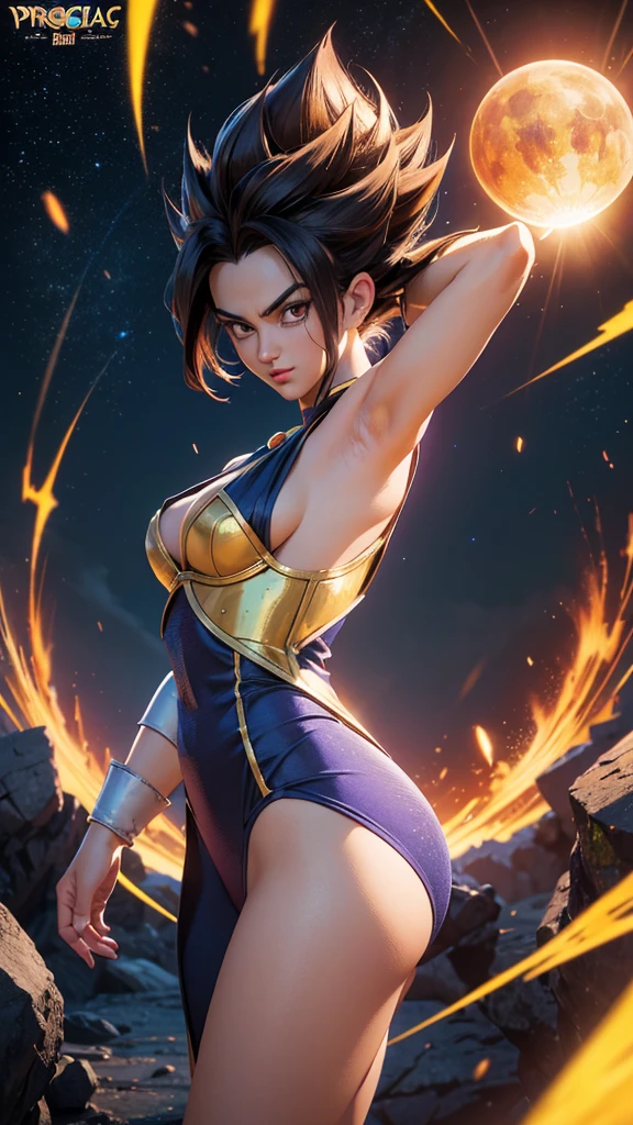 Prince Vegeta in sexy woman version, dragon ball Anime, cuerpo muy delgado, skinny body, small and beautiful breasts, small and beautiful buttocks, guerrera saiyajin, classic ancient sexy saiyan armor, provocativa, perversa, obsena, cabello radiante, en el fondo se observan planetas destruidos, espacio, poderosa, light particles, light energy, Energy ball, energy aura, intricate details, vibrant colors, dramatic lighting, cinematic composition, photorealistic, award winning illustration, masterpiece