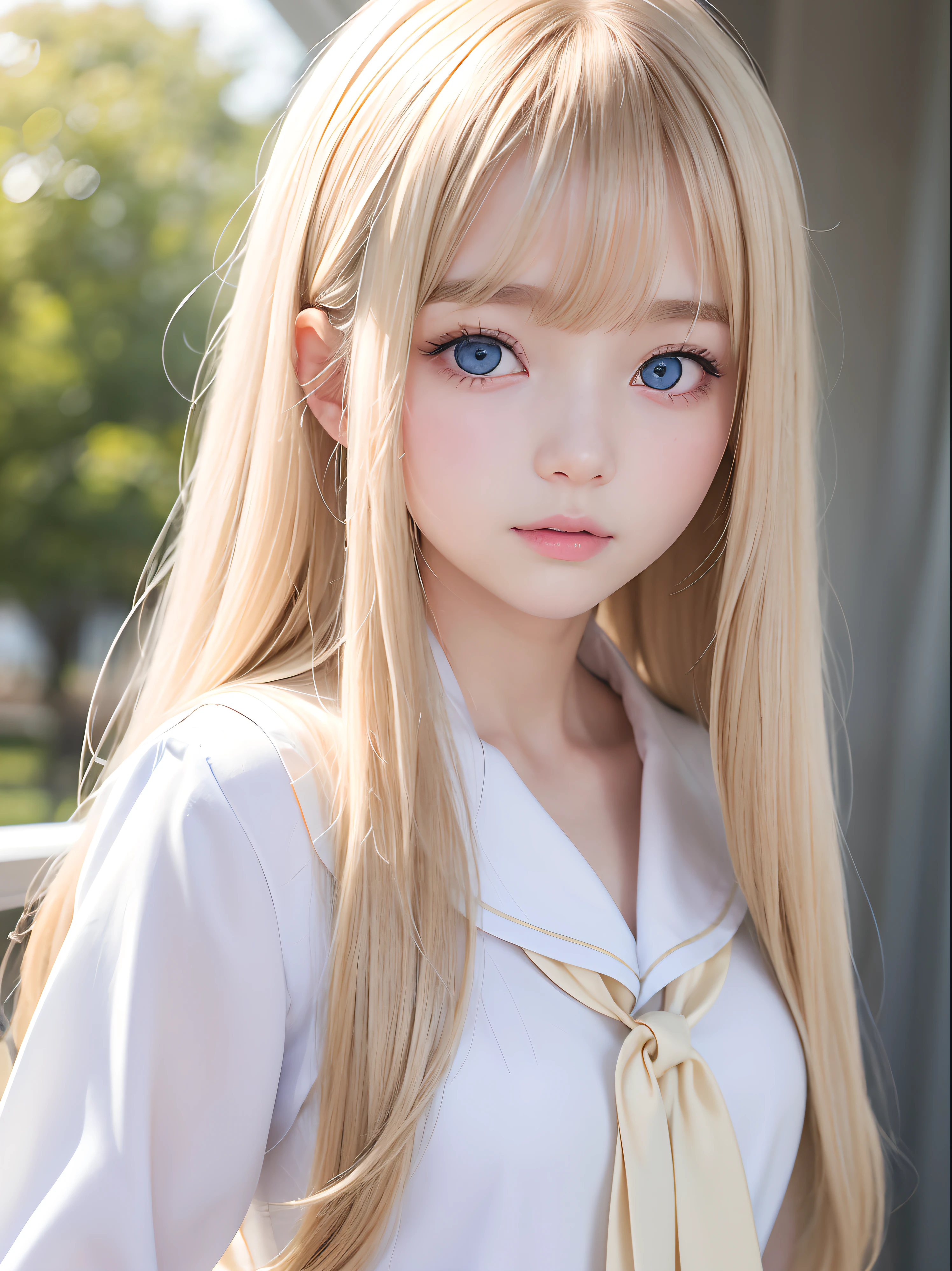 Very beautiful face、Silky blonde super long hair、Bangs swaying in front of the face、Cute sexy 16 year old girl、Bright, large, pale blue eyes、A very cute and pure girl、Pure white beauty Fresh skin、Young woman with shining cheeks々Fresh skin,、、Sailor suit、Bright expression、cheek、stare、Big double eyelids、