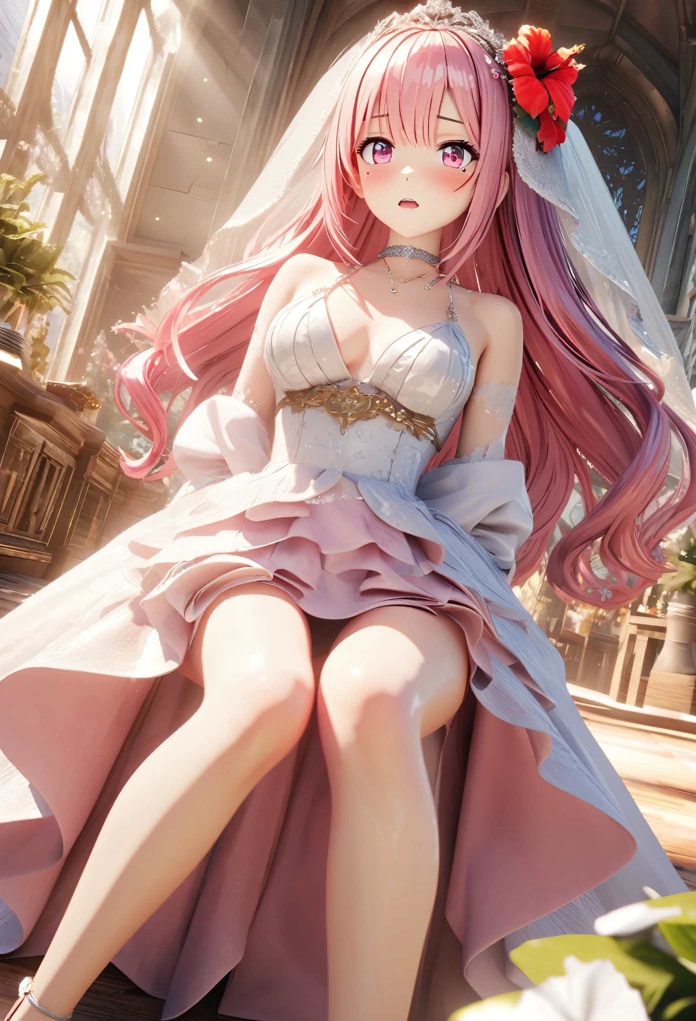 masterpiece, best quality, highly detailed, high resolution, expensive resolution, high resolution, 4K, 8k, Unity 8k wallpaper, highly detailed CG, masterpiece, 2D, 3D, beautiful details, depth, fine texture, best quality: 1.3, perfect focus, crisp skin, him, very cute anime girl, bikini, wedding veil with hibiscus decoration, full body big breasts, pink medium long hair in expensive clothes, mole under eye, looking at the viewer, expensive, blush, mole, open lips, heart, pink eyes, choker