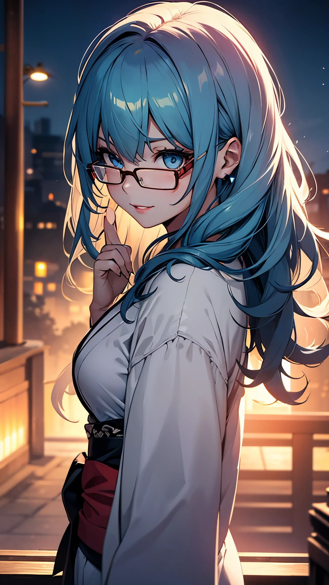 (1girl:1.3), Masterpiece, Best quality, amazing beauty, [[3D]], 4K, absurdres, finely detail, super detailed eye, perfect anatomy, official art, cinematic lighting, BREAK, bamboo thicket, night, silky wavy hair, parted bang, blue hair, super shiny detailed blue eyes, big eyes, cute eyes, thin eyebrow, Gazing Skyward, full lips, closed-mouth smile, mascara, red lips, red round cell frame glasses, happy face, BREAK , usually, tall, slender, gloss skin, hand on hip, standing, full body, from side, Dimly light, BREAK , kimono, tabi, BREAK,(Glasses)
