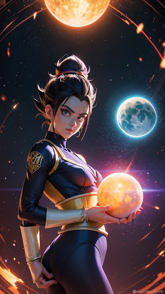 Prince Vegeta in sexy woman version, dragon ball Anime, cuerpo muy delgado, skinny body, small and beautiful breasts, small and beautiful buttocks, guerrera saiyajin, classic ancient sexy saiyan armor, provocativa, perversa, obsena, cabello radiante, en el fondo se observan planetas destruidos, espacio, poderosa, light particles, light energy, Energy ball, energy aura, intricate details, vibrant colors, dramatic lighting, cinematic composition, photorealistic, award winning illustration, masterpiece