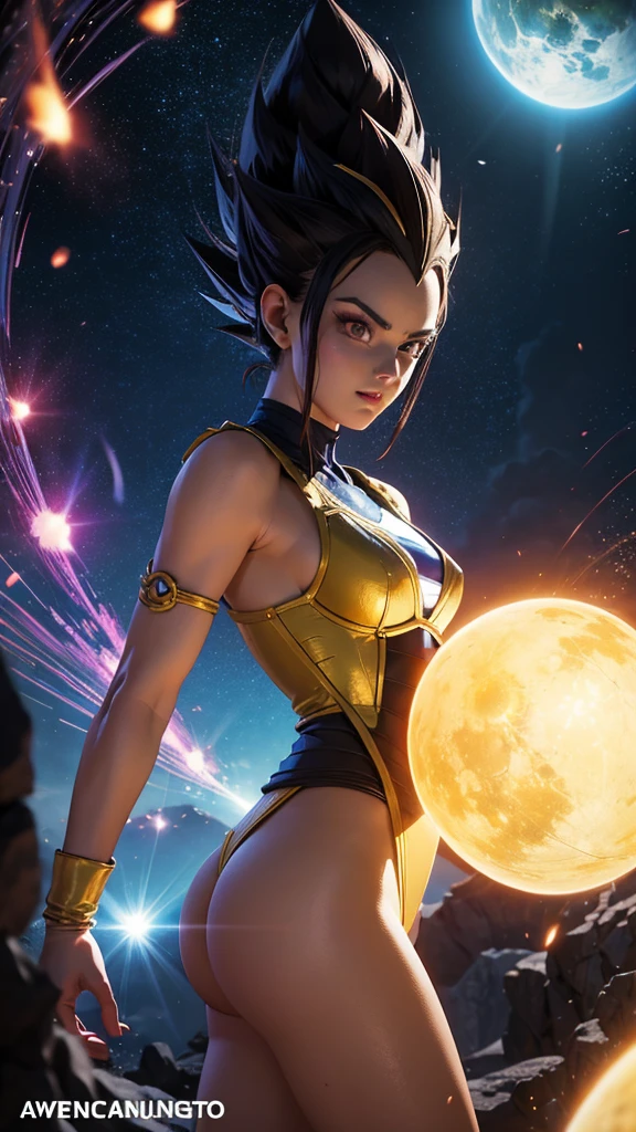 Prince Vegeta in sexy woman version, dragon ball Anime, cuerpo muy delgado, skinny body, small and beautiful breasts, small and beautiful buttocks, guerrera saiyajin, classic ancient sexy saiyan armor, provocativa, perversa, obsena, cabello radiante, en el fondo se observan planetas destruidos, espacio, poderosa, light particles, light energy, Energy ball, energy aura, intricate details, vibrant colors, dramatic lighting, cinematic composition, photorealistic, award winning illustration, masterpiece