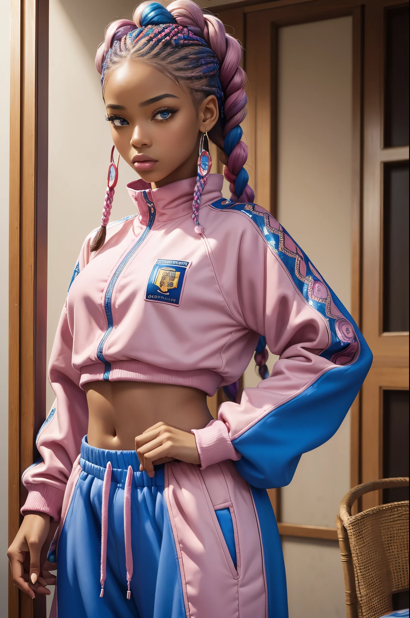 best quality, super fine, 16k, incredibly absurdres, extremely detailed, delicate, flashy and dynamic depiction, a wonderful painting reflected in your eyes, mysterious world. She's a dancer, pink and blue Kanekalon African braids her cool, slightly baggy yellow and red intricate tracksuit.