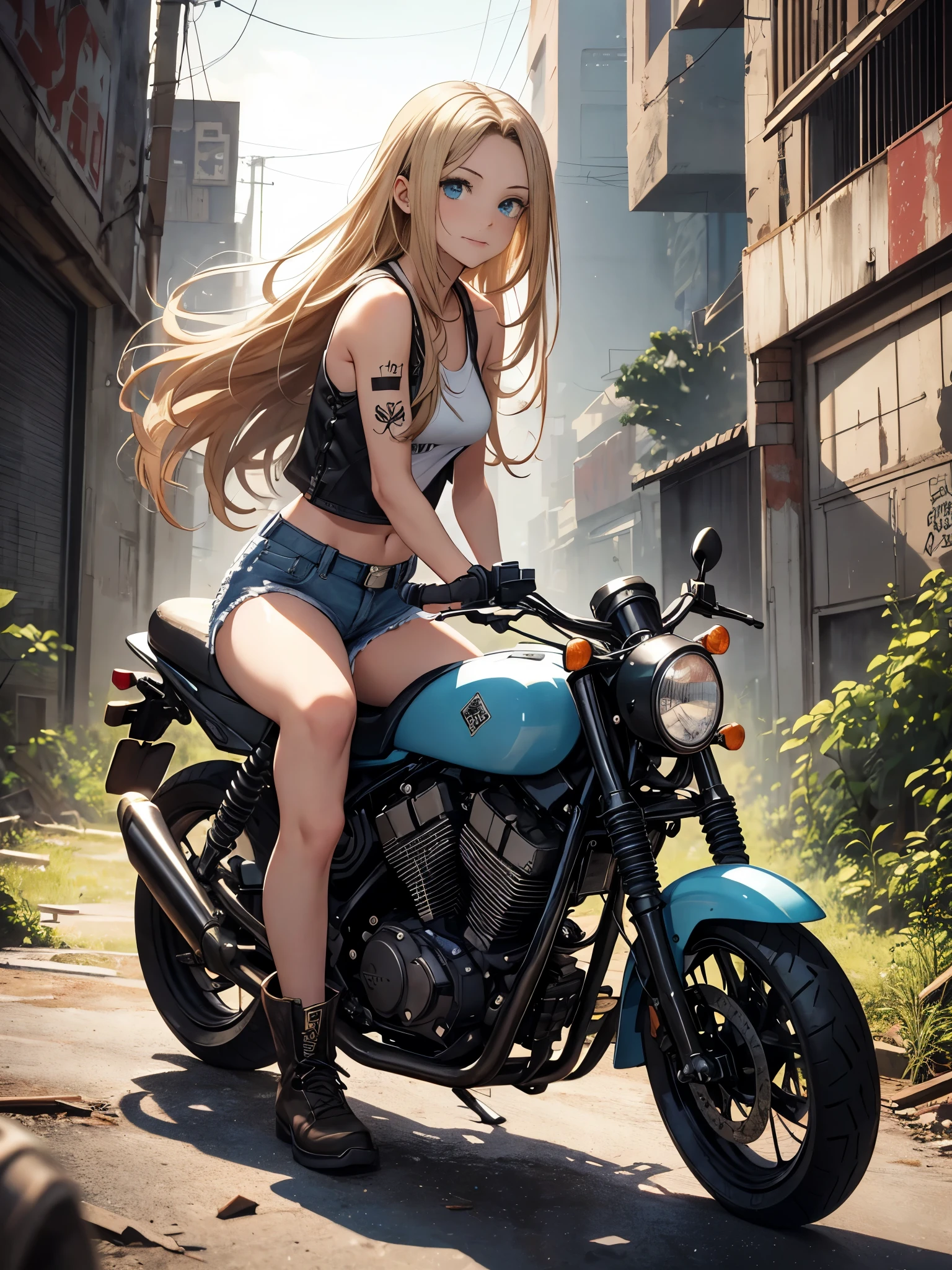 masterpiece, best quality,1girl,(watercolor painting):1.2,pencil sketch,BREAK,18 years old, (jitome), delicious flat chest, (cyan eyes):1.2, long hair, strait hair,blond hair,empty_eyes,BREAK(red_rune_forehead_tattoo):1.8,BREAK White tank top,denim shorts, fingerless gloves, Work boots,Hip Hop, Punk Look, Chain, darkbrown leather jacket,Expressionless,small smile,BREAKA photorealistic image of a young girl, Eliana, about 18 years old, riding her vintage 1970s-style black motorcycle through the ruins of an abandoned city at dusk. The scene captures her in a cowboy shot, riding intently through the decaying urban landscape. The ruins are filled with crumbled buildings, overgrown vegetation, and scattered debris, providing a stark contrast to the magical glow emanating from her motorcycle. Eliana is in side profile, focused on her path, her long ブルネット hair flowing behind her. The background conveys a sense of desolation and mystery, enhancing the post-apocalyptic fantasy setting.BREAKmasterpiece, best quality, ultra detailed, highres,4k,(ultra-detailed:1.4), newest,BREAKduch angle,cowboy shot,
