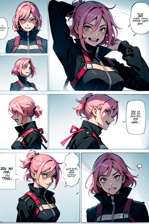 Insane girl with pink hair fighting and laughing crazy, manga page with panels and dialogue