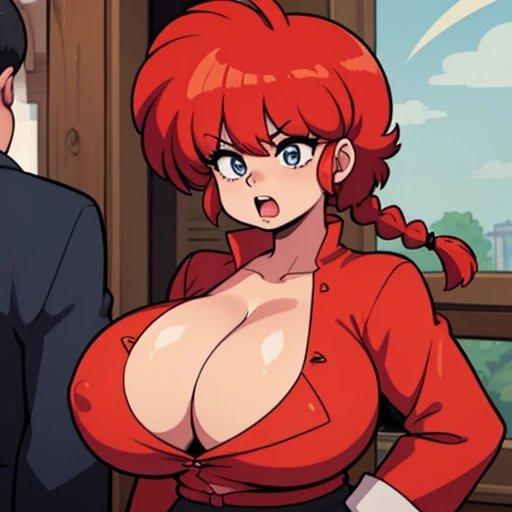 Ranmachan, Cabello rojo, Cabello con trenza, pechos muy grandes, pechos rebotando, pose vulgar, senos grandes, senos abultados, bulto de senos, Cleavage Bulge