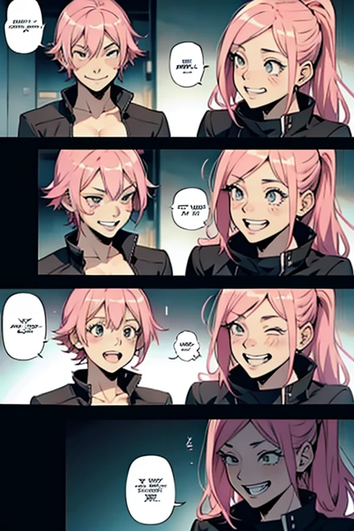Insane girl with pink hair smiling and laughing crazy, manga page with panels and dialogue