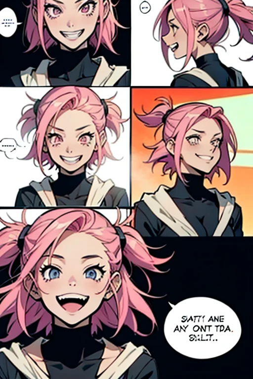 Insane girl with pink hair smiling and laughing crazy, manga page with panels and dialogue 