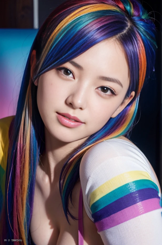 25 ans, ((detailed face, colorful rainbow hair:1.2)), yeux bleus, delicate, poudre de contour, sexy, French touch, cheveux de longueur moyenne, grains de beauté, sourire romantique, Seductive look, bonne couverture, éclairée par les flashs des photographes, skin details, pores de la peau, Appareil photo numérique Kodak Smile 10MP, cheveux moyens, rougit, (des mains parfaites), studio de peinture, topless, nsfw, bodypainting arc-en-ciel