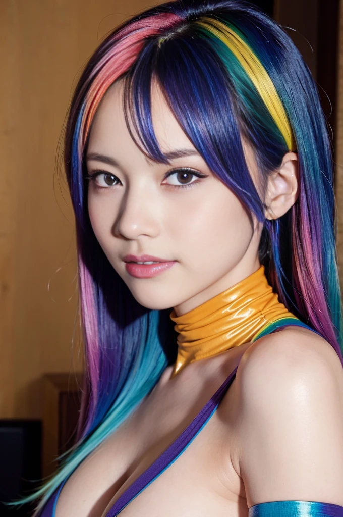 25 ans, ((detailed face, colorful rainbow hair:1.2)), yeux bleus, delicate, poudre de contour, sexy, French touch, cheveux de longueur moyenne, grains de beauté, sourire romantique, Seductive look, bonne couverture, éclairée par les flashs des photographes, skin details, pores de la peau, Appareil photo numérique Kodak Smile 10MP, cheveux moyens, rougit, (des mains parfaites), studio de peinture, topless, nsfw, bodypainting arc-en-ciel