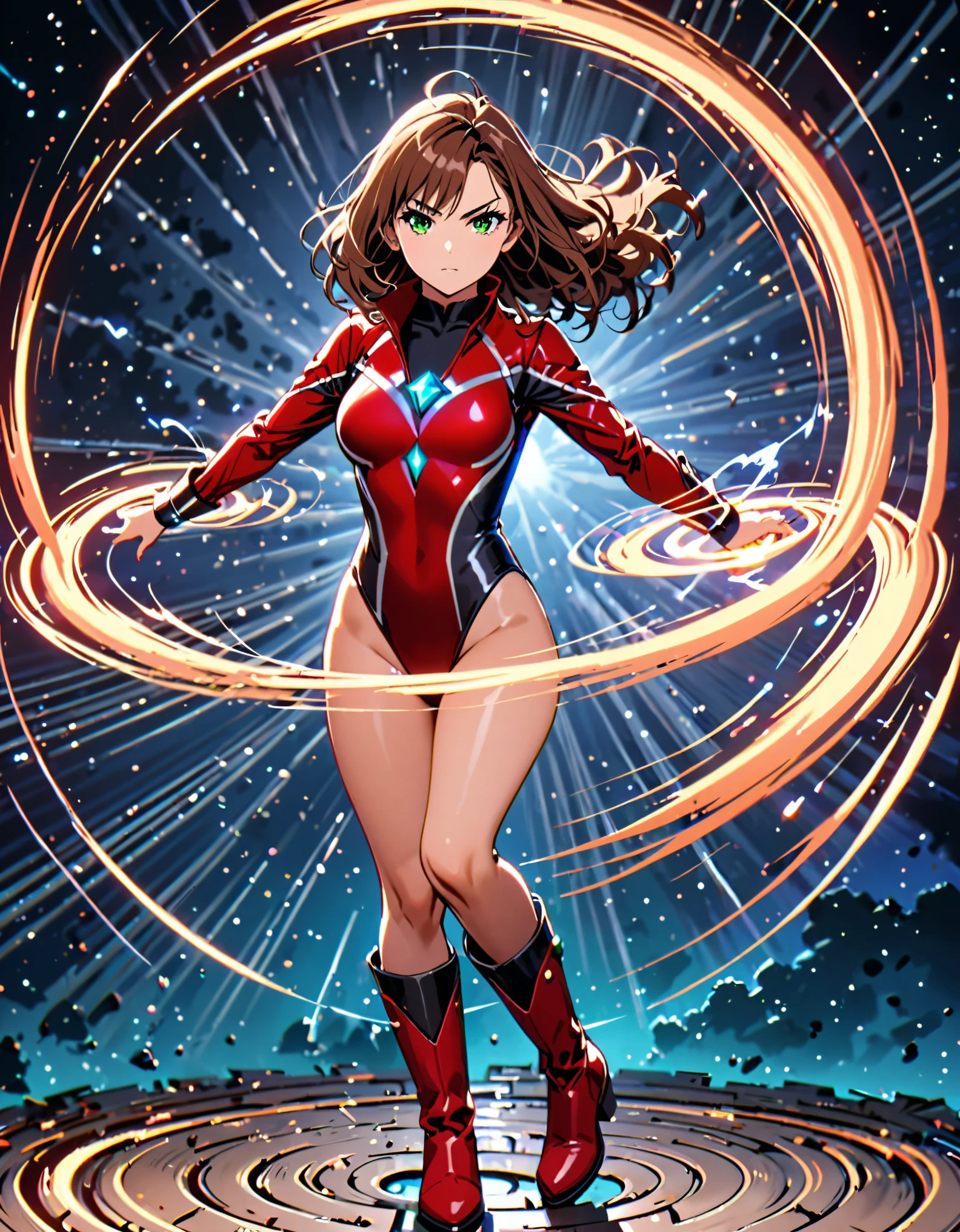 (masterpiece), (best quality), (high res), 1lady, tall body, beautiful detailed eyes, beautiful detailed face, serious, (perfect hands), complete fingers, perfect anatomy, perfect proportions, ((brown hair, medium hair)), ((green eyes)), ((leotard, red leotard, matching leotard)), ((white dress collar, open collar)), ((bare legs)), ((boots, matching boots, ankle-high boots, red boots)), breasts, medium breasts, (full body portrait), looking at viewer, (solo, solo focus), cowboy shot, space backdrop, ((yellow V (symbol) on chest)), ((red leather jacket, open jacket)), full body costume design. ((raised arms, spins fast in place like a (tornado), raised arms, legs straight, (standing straight), (she spins) at an (incredible speed), creating a whirlwind of air around her, cyclone spinning)), ((spiral lines, spinning energy pulse around her)). Curved Sword Slash.